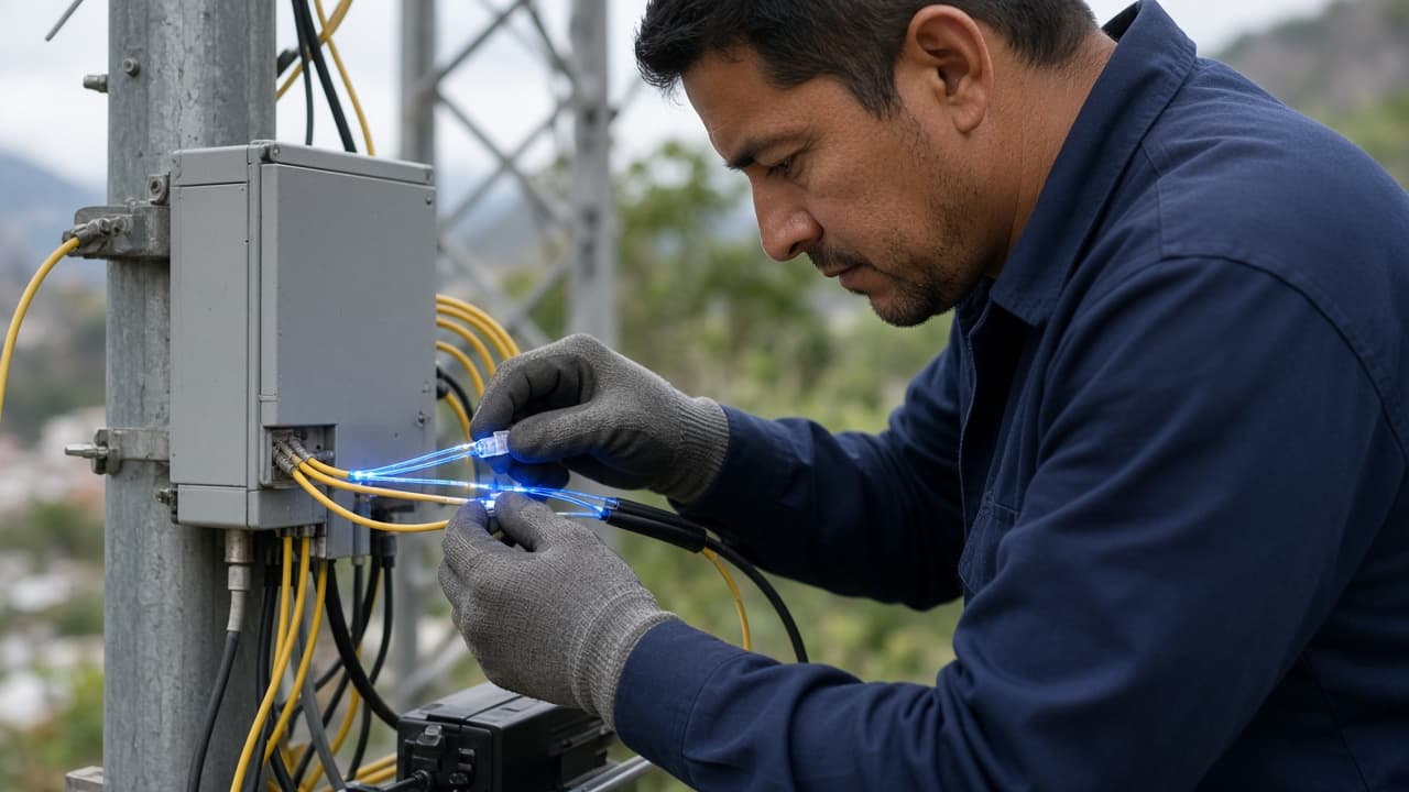 Técnico de fibra óptica empalmando cable en campo